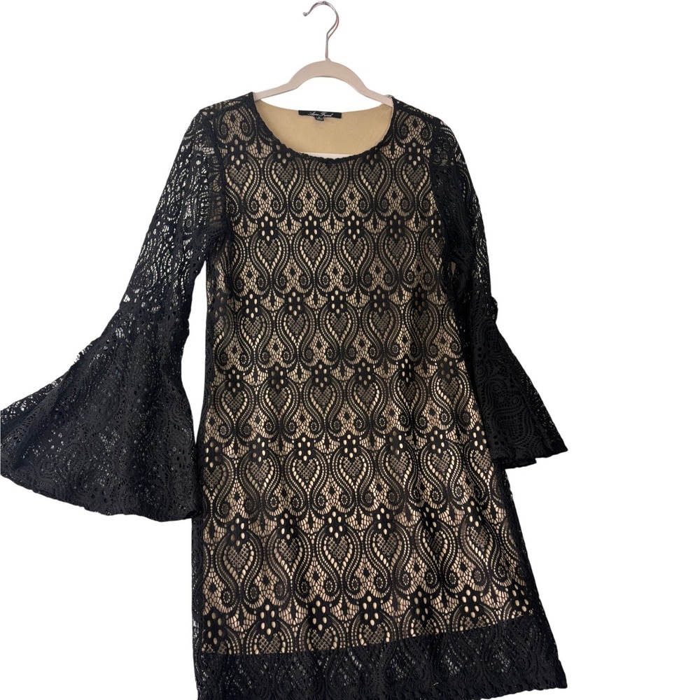 Anne French Lace Bell Sleeve Dress Womens Small Black Tan Mini Shift Boho Goth